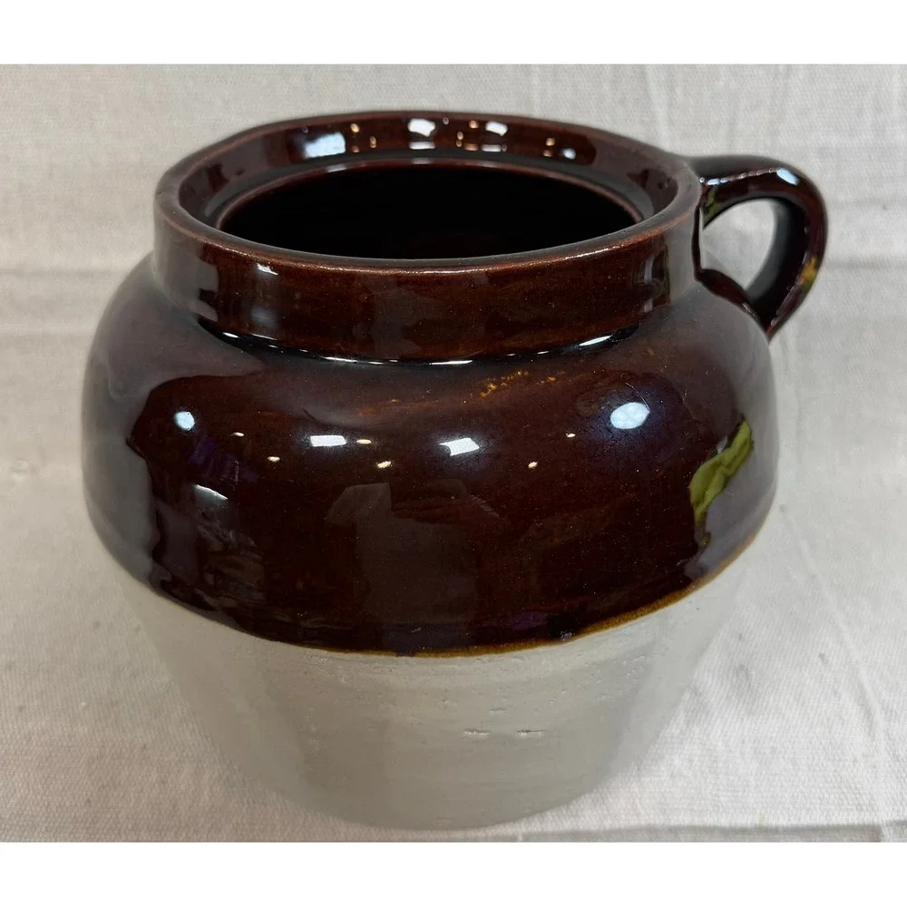 Vintage 2 Tone Stoneware Bean Pot Brown Cream Crock Star Mark 2 Farmhouse Decor